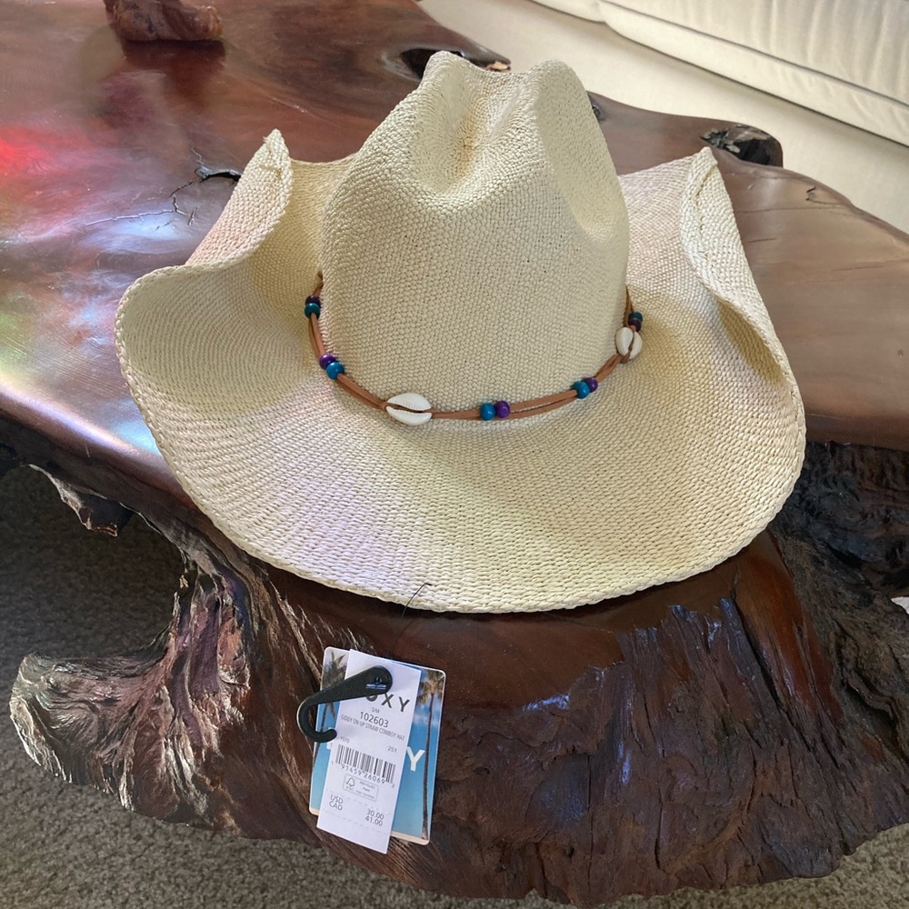 Roxy Cream Western Straw Hat with Beaded Shell Band NEW - Picture 5 of 7